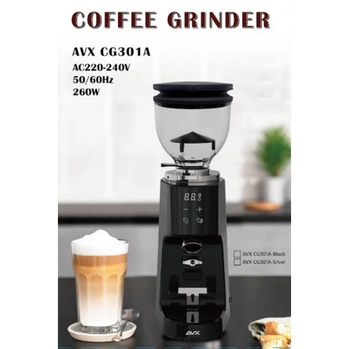 AVX CG301 Plasma 64mm síktárcsás kávéőrlő pumpás babtartállyal, fekete
