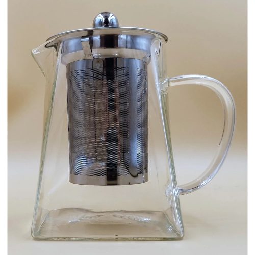 Szögletes üveg teáskanna fém szűrővel, 650ml
